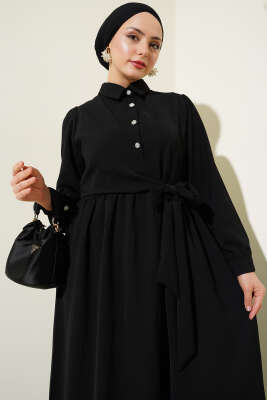 Yarım Taş Düğmeli Yandan Bağlamalı Elbise Siyah - Tesettür Elbise
