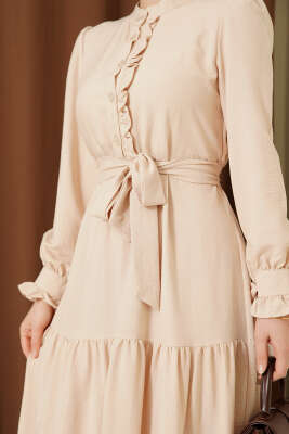 Yarım Yaka Düğmeli Fırfırlı Elbise Bej - Elbise