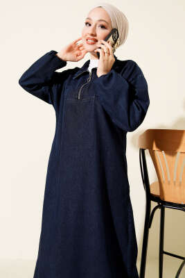 Yarım Yaka Fermuarlı Cepli Kot Elbise Lacivert - Elbise