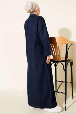 Yarım Yaka Fermuarlı Cepli Kot Elbise Lacivert - Elbise