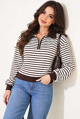Yarım Yaka Fermuarlı Çizgili Sweatshirt Kahve - EPİCA