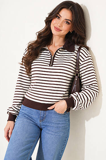 Yarım Yaka Fermuarlı Çizgili Sweatshirt Kahve - Kadın Giyim Modelleri