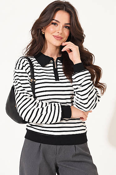Yarım Yaka Fermuarlı Çizgili Sweatshirt Siyah - Kadın Giyim Modelleri