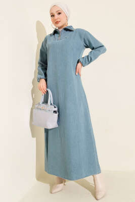 Yarım Yaka Fermuarlı Denim Elbise Açık Mavi - BERAT TEKSTİL