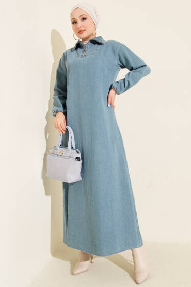 Yarım Yaka Fermuarlı Denim Elbise Açık Mavi - Elbise