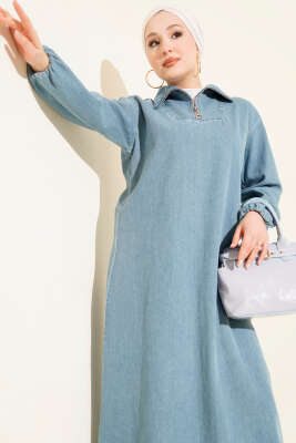 Yarım Yaka Fermuarlı Denim Elbise Açık Mavi - Elbise