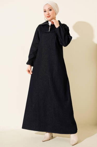 Yarım Yaka Fermuarlı Denim Elbise Lacivert - Elbise