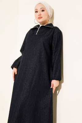 Yarım Yaka Fermuarlı Denim Elbise Lacivert - Elbise