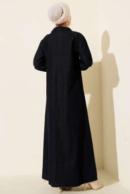 Yarım Yaka Fermuarlı Denim Elbise Lacivert - Elbise