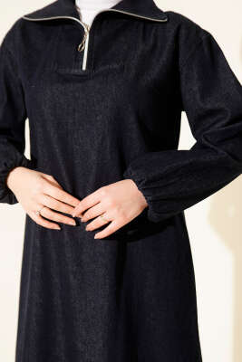 Yarım Yaka Fermuarlı Denim Elbise Lacivert - Elbise