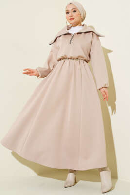 Yarım Yaka Fermuarlı Scuba Elbise Bej - TEGOE