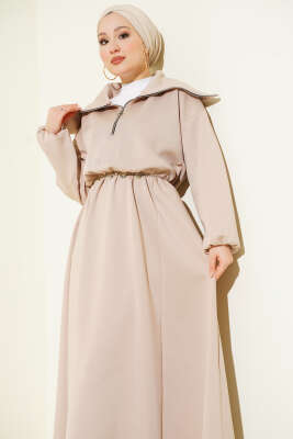 Yarım Yaka Fermuarlı Scuba Elbise Bej - Elbise