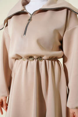 Yarım Yaka Fermuarlı Scuba Elbise Bej - Elbise