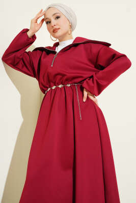 Yarım Yaka Fermuarlı Scuba Elbise Bordo - Elbise