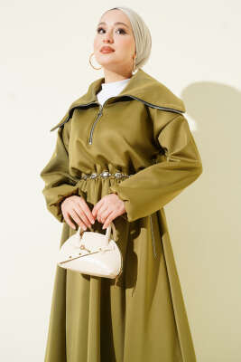 Yarım Yaka Fermuarlı Scuba Elbise Haki - Elbise