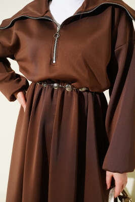 Yarım Yaka Fermuarlı Scuba Elbise Kahve - Elbise