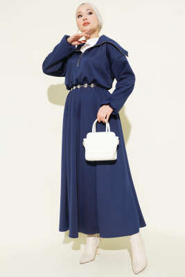 Yarım Yaka Fermuarlı Scuba Elbise Lacivert - TEGOE