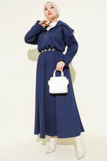 Yarım Yaka Fermuarlı Scuba Elbise Lacivert - Elbise