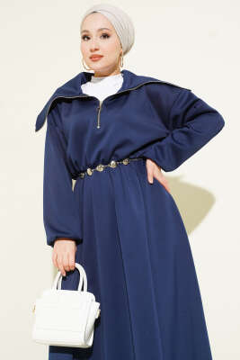 Yarım Yaka Fermuarlı Scuba Elbise Lacivert - Elbise