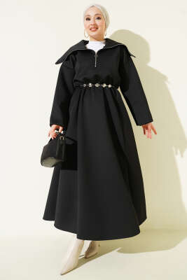 Yarım Yaka Fermuarlı Scuba Elbise Siyah - Elbise