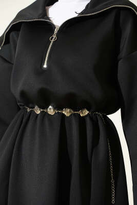 Yarım Yaka Fermuarlı Scuba Elbise Siyah - Elbise