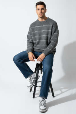 Yatak Çizgili Yumoş Triko Erkek Kazak Antrasit - Erkek Kazak