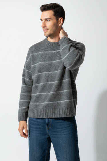 Yatak Çizgili Yumoş Triko Erkek Kazak Antrasit - Erkek Kazak