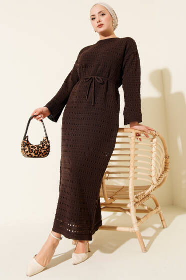 Yatay Ajurlu İp Kuşaklı Triko Elbise Acı Kahve - Elbise
