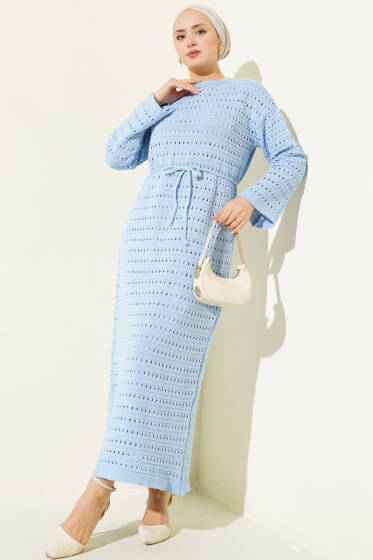 Yatay Ajurlu İp Kuşaklı Triko Elbise Bebe Mavi - 300-500 TL Ürünler