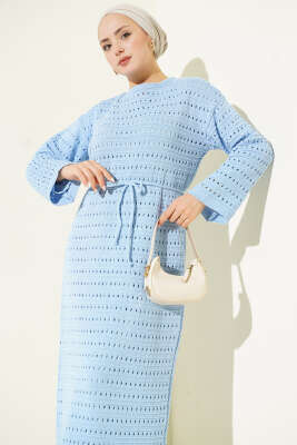 Yatay Ajurlu İp Kuşaklı Triko Elbise Bebe Mavi - Elbise