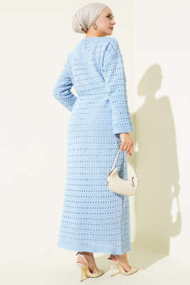 Yatay Ajurlu İp Kuşaklı Triko Elbise Bebe Mavi - Elbise