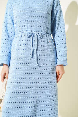 Yatay Ajurlu İp Kuşaklı Triko Elbise Bebe Mavi - Elbise