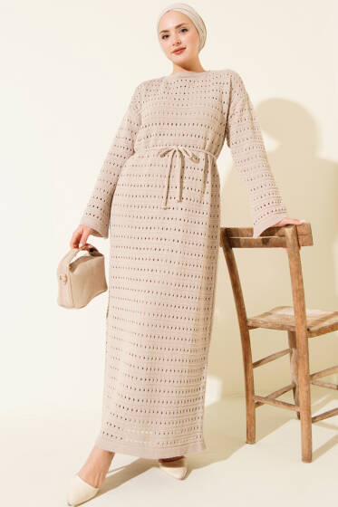 Yatay Ajurlu İp Kuşaklı Triko Elbise Bej - Elbise