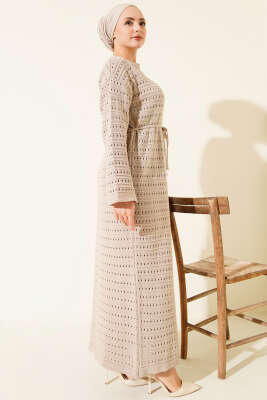 Yatay Ajurlu İp Kuşaklı Triko Elbise Bej - Elbise