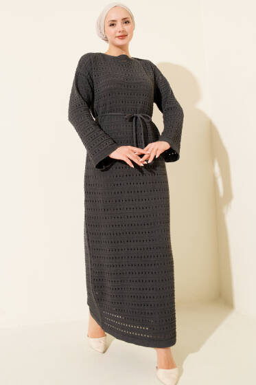 Yatay Ajurlu İp Kuşaklı Triko Elbise Füme - Elbise