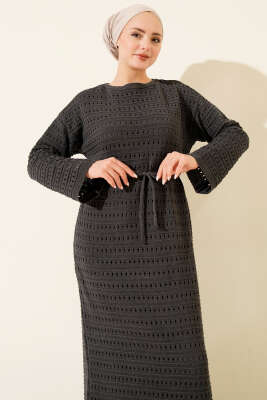 Yatay Ajurlu İp Kuşaklı Triko Elbise Füme - Elbise
