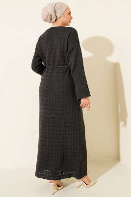 Yatay Ajurlu İp Kuşaklı Triko Elbise Füme - Elbise