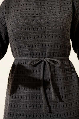 Yatay Ajurlu İp Kuşaklı Triko Elbise Füme - Elbise