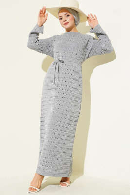 Yatay Ajurlu İp Kuşaklı Triko Elbise Gri 