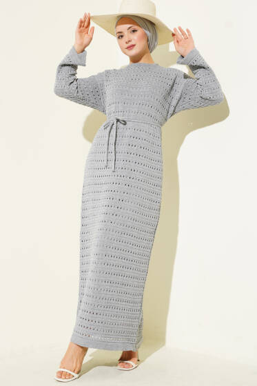 Yatay Ajurlu İp Kuşaklı Triko Elbise Gri - Elbise