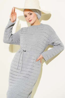 Yatay Ajurlu İp Kuşaklı Triko Elbise Gri - Elbise