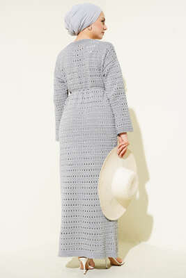 Yatay Ajurlu İp Kuşaklı Triko Elbise Gri - Elbise