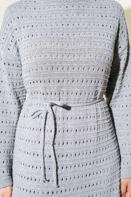 Yatay Ajurlu İp Kuşaklı Triko Elbise Gri - Elbise