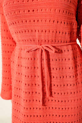 Yatay Ajurlu İp Kuşaklı Triko Elbise Gül Kurusu - Elbise