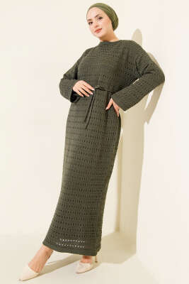 Yatay Ajurlu İp Kuşaklı Triko Elbise Haki - RAFİMİX