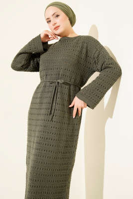 Yatay Ajurlu İp Kuşaklı Triko Elbise Haki - Elbise