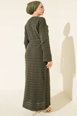 Yatay Ajurlu İp Kuşaklı Triko Elbise Haki - Elbise