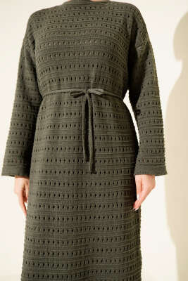 Yatay Ajurlu İp Kuşaklı Triko Elbise Haki - Elbise