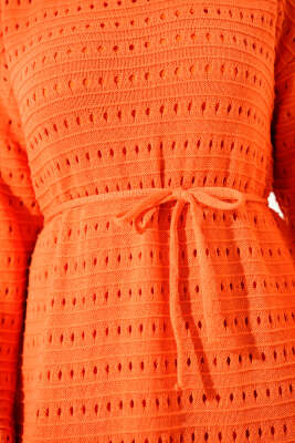 Yatay Ajurlu İp Kuşaklı Triko Elbise Oranj - Elbise