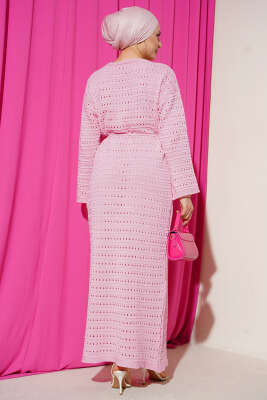 Yatay Ajurlu İp Kuşaklı Triko Elbise Pembe - Elbise